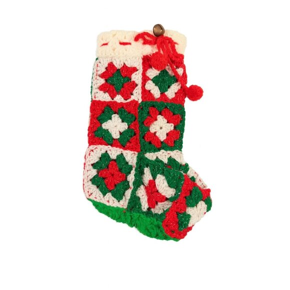 White Granny Square Christmas Stocking 13 Retro Handmade |Vintage Handmade - Picture 1 of 14